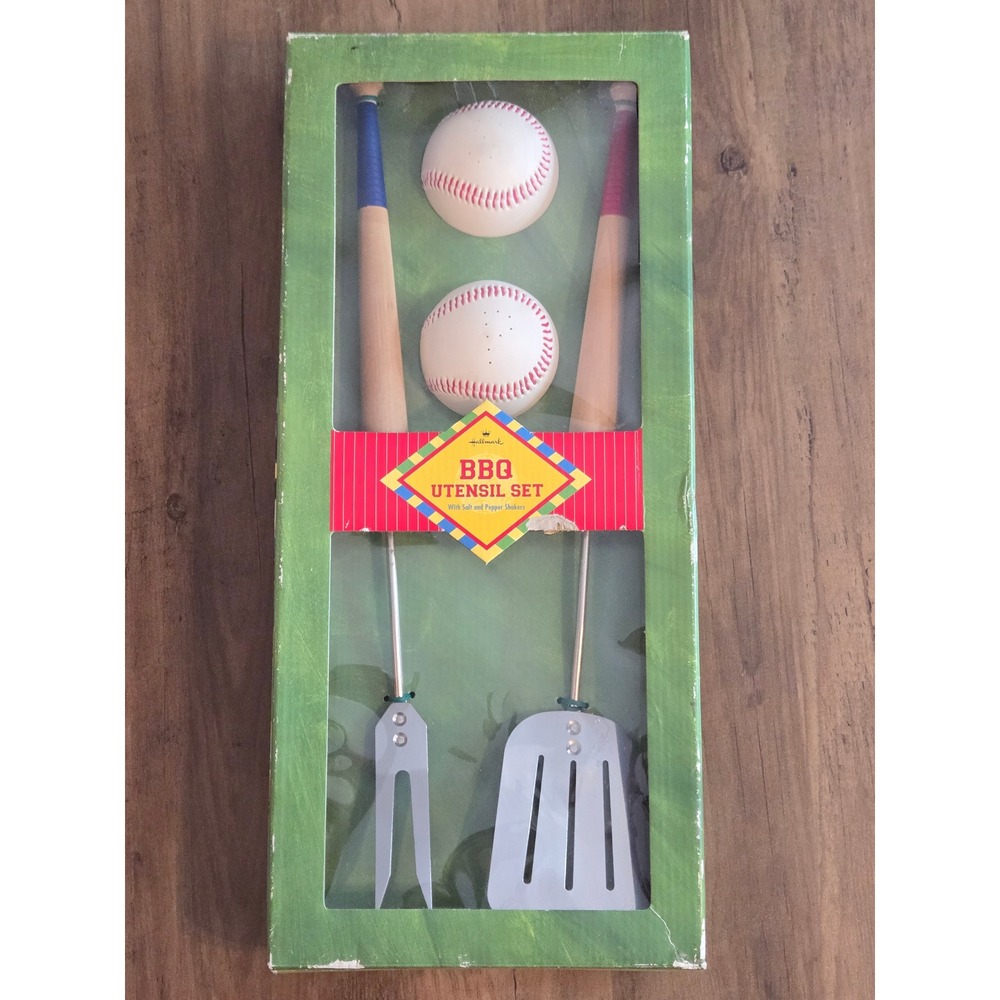 Hallmark Baseball BBQ Utensil Set Bat Handle Spatula Fork Salt‎ Pepper Shakers